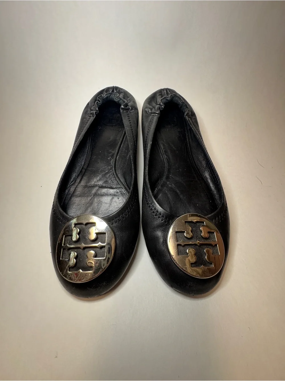 Tory Burch Black Leather Ballet Flats with Silver Logo Medallions